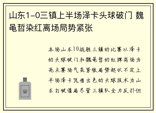 山东1-0三镇上半场泽卡头球破门 魏黾哲染红离场局势紧张