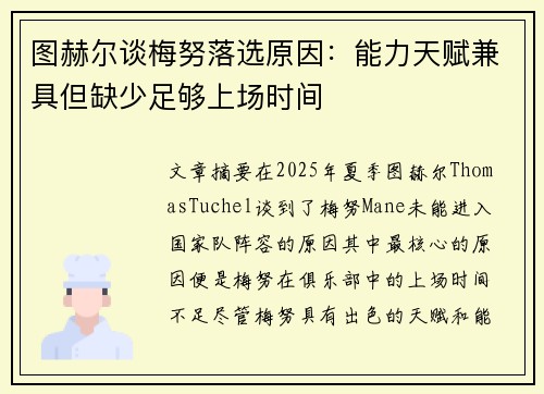 图赫尔谈梅努落选原因：能力天赋兼具但缺少足够上场时间