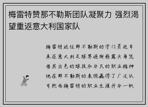 梅雷特赞那不勒斯团队凝聚力 强烈渴望重返意大利国家队