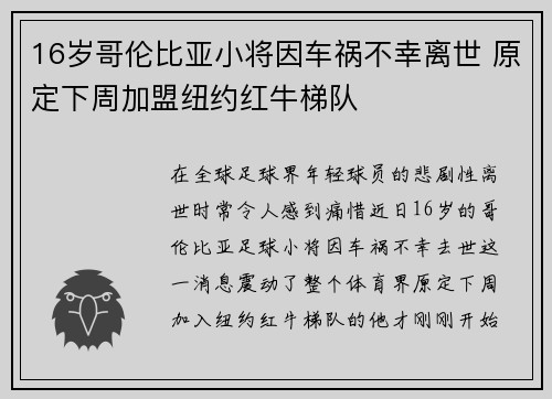 16岁哥伦比亚小将因车祸不幸离世 原定下周加盟纽约红牛梯队