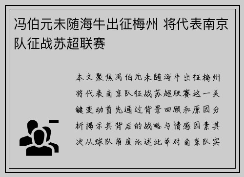 冯伯元未随海牛出征梅州 将代表南京队征战苏超联赛